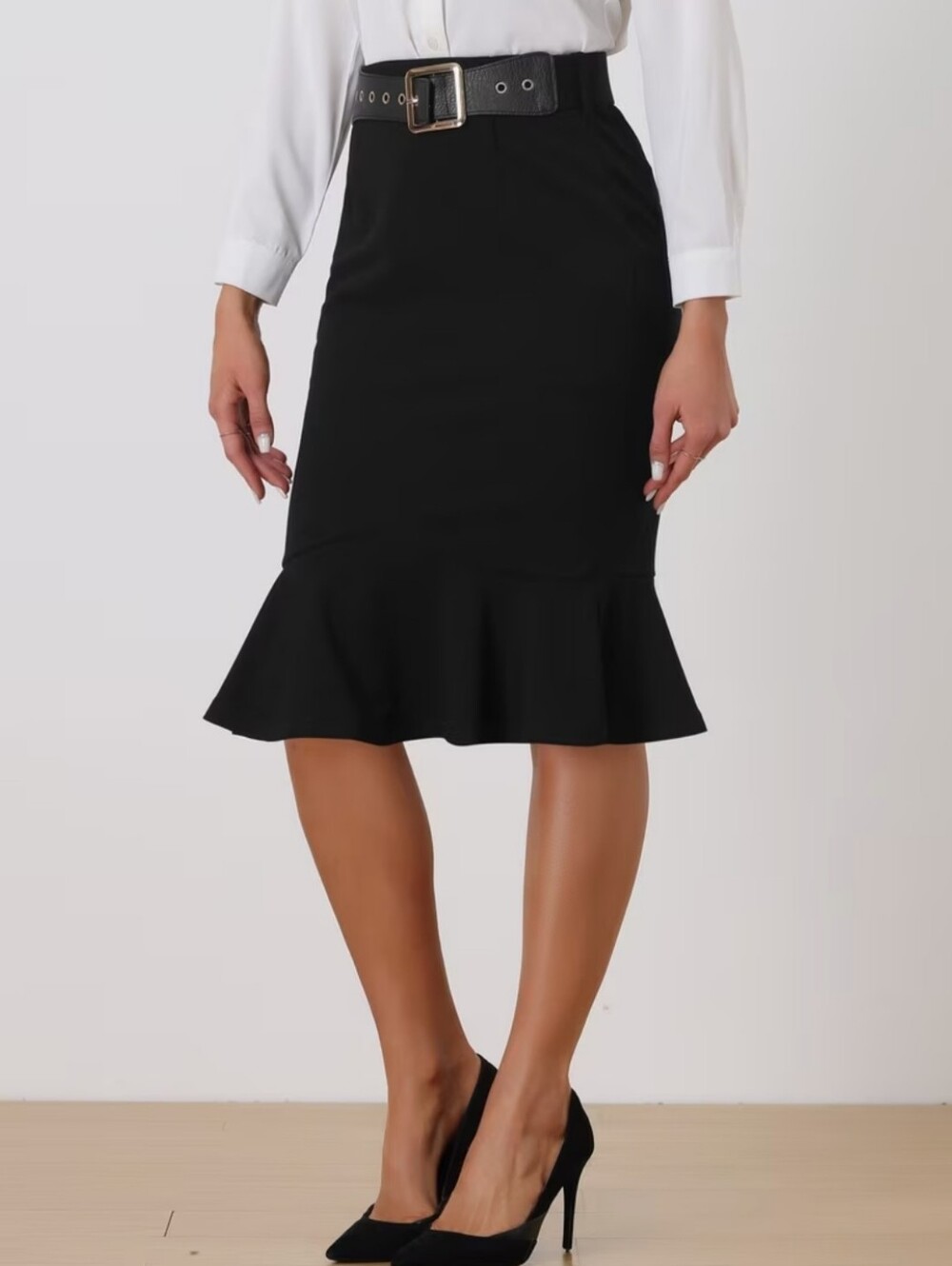 Classic Black (Size S) Stretch Asymmetric Ruffle Hem Pull-on Dainty Pencil Skirt
